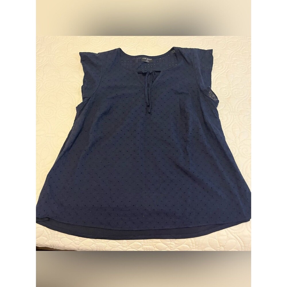 Lane Bryant Navy Textured Dot Tie-Neck Cap Sleeve Blouse
